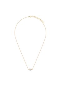 Złoty łańcuszek z naszyjnikiem z pojedynczą białą perłą, charakteryzujący się delikatnym wzornictwem i regulowanym zapięciem dla dopasowanego noszenia.