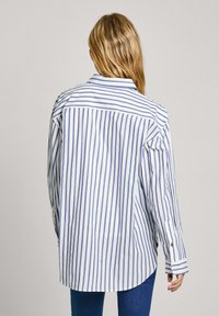Camicia a righe con strisce verticali blu e bianche, vestibilità rilassata, maniche lunghe, polsini con bottoni e colletto classico.