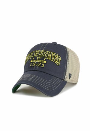 Navy blue and beige mesh baseball cap with "Wolverines Michigan" embroidered in yellow on the front.