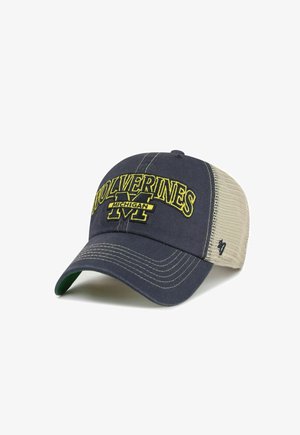 Casquette de baseball en mesh bleu marine et beige avec "Wolverines Michigan" brodé en jaune à l'avant.