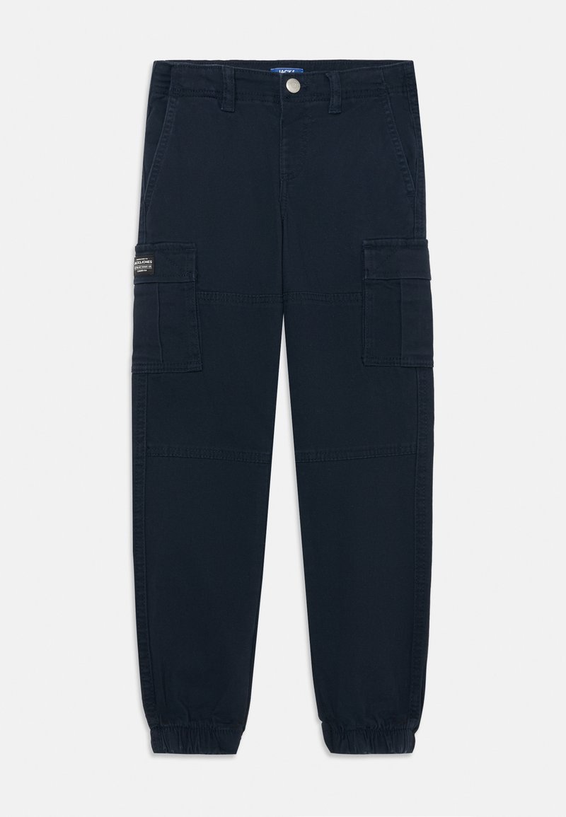 Granatowe spodnie cargo z elastycznymi mankietami, posiadające dwie boczne kieszenie oraz małą naszywkę na udzie. Wykonane z trwałego, lekkiego materiału.