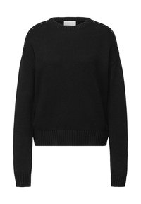 Zwart gebreide trui met een ronde hals, geribbelde zoom en decoratieve zilveren studs langs de schouders. Oversized, relaxte pasvorm.