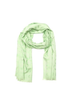 Light green soft fabric scarf with subtle large letter pattern and fringed edges, loosely folded.