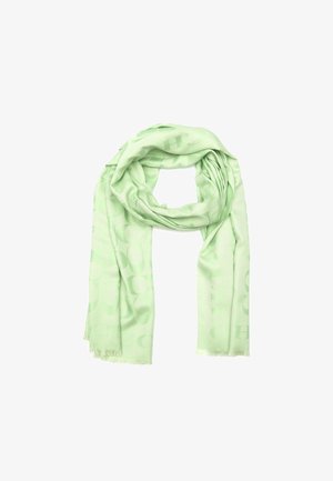 Écharpe en tissu doux vert clair avec un motif subtil de grandes lettres et des bords frangés, pliée de manière lâche.