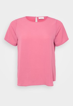 Lyserød kortærmet top med rund halsudskæring og subtil struktur; har en nøglehul detalje bagpå og en afslappet pasform.