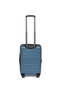 Valigia rigida di colore blu metallico con superficie testurizzata, manico retraibile e quattro ruote nere per la mobilità.