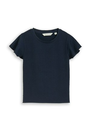 Granatowy, krótki rękaw, teksturowany bawełniany t-shirt z okrągłym dekoltem i metką marki wszytą wewnątrz kołnierza.