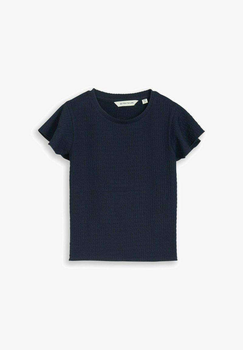Marineblaues, kurzärmliges Baumwoll-T-Shirt mit strukturierter Oberfläche, rundem Ausschnitt und Markenetikett im Krageninnenteil.