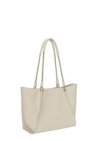 Borsa a tracolla in pelle crema con due manici in corda texturizzati, apertura superiore, superficie liscia e design minimalista. Presenta il logo sul davanti.