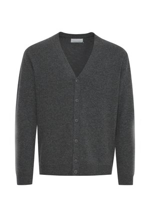 Cardigan en laine grise avec un col en V, des boutons à l'avant et des poignets côtelés. Texture douce et design ajusté.