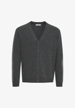 Grauer Wollcardigan mit V-Ausschnitt, Vorderknöpfen und gerippten Bündchen. Weiche Textur und taillierte Passform.