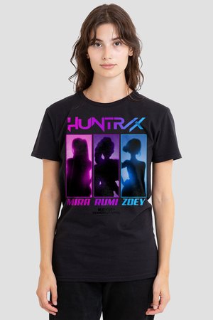 Woman wearing black t-shirt featuring neon silhouettes labeled Mira, Rumi, and Zoey from the series "K-Pop Demon Hunters."