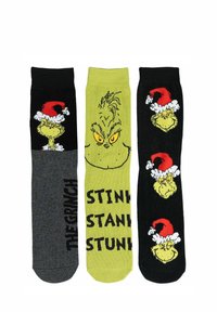 Tre paia di calzini con il Grinch. Colori: nero, verde e grigio. I design includono volti del Grinch e il testo "STINK, STANK, STUNK."