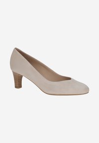 Beige suede pump with a rounded toe, low stacked wooden heel, and smooth texture. Features a simple design with no visible patterns or accents.