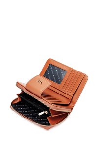 Brown leather wallet with a zip closure, multiple card slots, and a transparent ID window. Interior features a patterned lining.