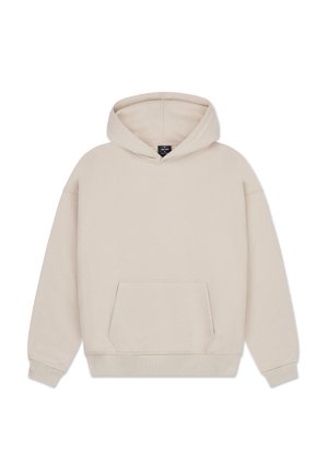 Beige pulóver kapucnis felső, puha pamutból készült, elülső kenguruzsebből, bordázott mandzsettával és húzózsinóros kapucnival.