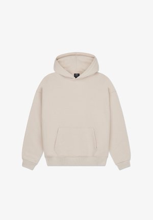 Beige pulóver kapucnis felső, puha pamutból készült, elülső kenguruzsebből, bordázott mandzsettával és húzózsinóros kapucnival.