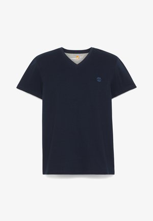 Granatowa koszulka z krótkim rękawem i dekoltem w serek, wykonana z bawełny, o gładkiej teksturze, z małym haftowanym logo po lewej stronie klatki piersiowej.