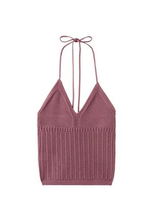 Haut dos nu mauve en tricot avec col en V, motif côtelé sur la partie supérieure, tricot à texture ajourée sur la partie inférieure, et liens à nouer au cou.