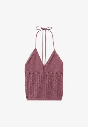 Haut dos nu mauve en tricot avec col en V, motif côtelé sur la partie supérieure, tricot à texture ajourée sur la partie inférieure, et liens à nouer au cou.