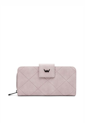 Quilted pink faux leather wallet with a magnetic snap closure, featuring a black logo and textured surface. Zippered side compartment included.