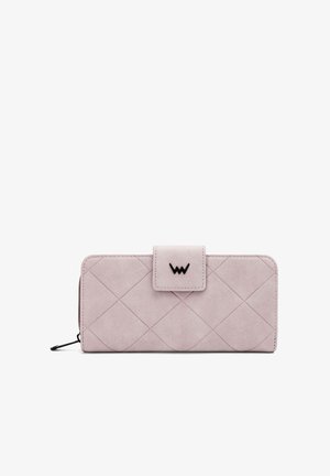 Quilted pink faux leather wallet with a magnetic snap closure, featuring a black logo and textured surface. Zippered side compartment included.
