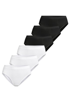 Syv dameunderbukser arrangeret i to rækker, tre hvide foran og fire sorte bagved, vist på en hvid baggrund.