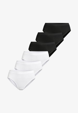 Syv dameunderbukser arrangeret i to rækker, tre hvide foran og fire sorte bagved, vist på en hvid baggrund.