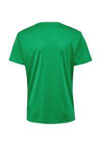 Grön t-shirt med korta ärmar, tillverkad av slät, syntetisk tyg. Har rund halsringning och en enkel, atletisk skärning utan dekorationer.