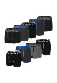 Neuf paires de boxers pour hommes en noir, gris et bleu. Chacune présente une ceinture élastique de marque. Différents motifs et coupes sont représentés.