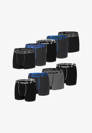 Neuf paires de boxers pour hommes en noir, gris et bleu. Chacune présente une ceinture élastique de marque. Différents motifs et coupes sont représentés.