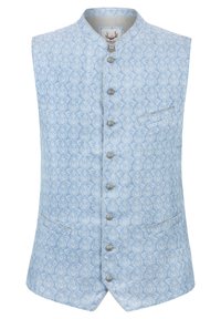 Hellblau gemusterte Weste mit einem Mandarin-Kragen, silberner Knopfleiste und einer einzelnen Brusttasche; zeigt aufwendige florale Designs.