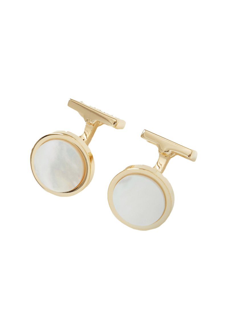 Goldfarbene Manschettenknöpfe mit runden, schillernden Einlagen aus Perlmutt, die eine polierte Oberfläche und ein elegantes T-Bar-Verschlussdesign aufweisen.
