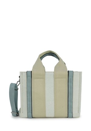 Kleine rechthoekige canvas handtas met beige en blauwe verticale strepen, dubbele handvatten en een afneembare schouderriem op een witte achtergrond.