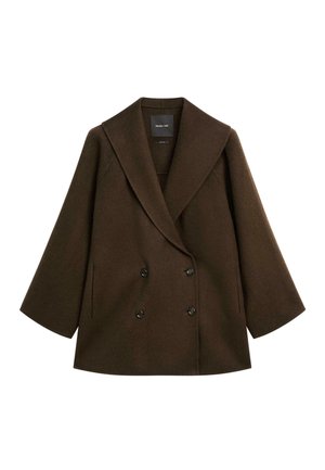 Tmavě hnědý dvouřadý vlněný kabát s širokými klopami, dvěma postranními kapsami a dlouhými rukávy, označený Massimo Dutti.
