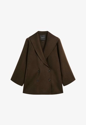 Dunkelbrauner doppelt geöffneter Wollmantel mit breiten Revers, zwei Seitentaschen und langen Ärmeln, gekennzeichnet mit Massimo Dutti.