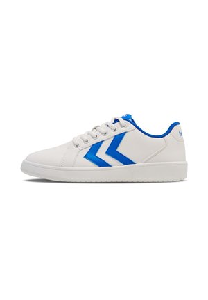 White athletic shoes with blue accents, featuring a smooth leather-like material, lace-up design, and two blue chevron stripes on the side.