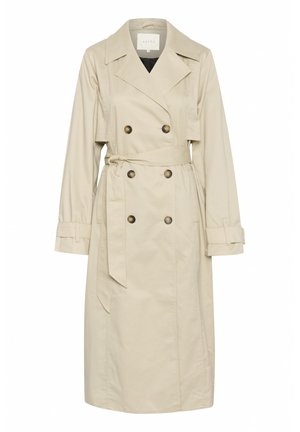 Beige trench coat with double-breasted buttons, belted waist, and large lapels. Fabric has a smooth texture; features rolled cuffs.
