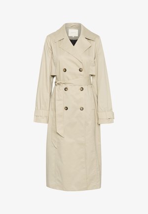 Bežinis paltas, pagamintas iš lengvo audinio, su dvigubo užsegimo dizainu, dideliais mygtukais ir surišamu juosmeniu. Ilgos rankovės ir klasikinis apykaklė.