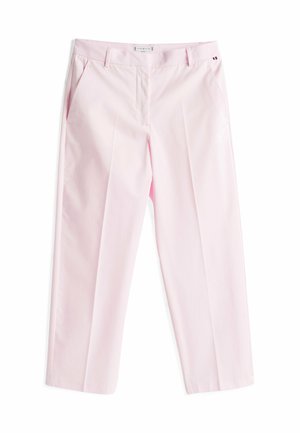 Pantaloni tailored rosa chiaro con due tasche frontali, design plissettato e un piccolo logo sul cinturino. Tessuto morbido.