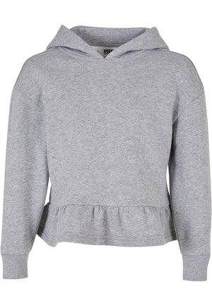 Grå, lätt hoodie med peplum nederkant, långa ärmar och snörning vid huven. Mjuk textur utan synliga mönster eller dekorationer.