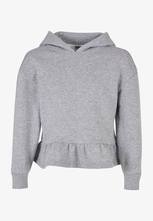 Hanorac gri, ușor, cu tiv peplum, mâneci lungi și glugă cu șnur. Textură moale, fără motive sau decorațiuni vizibile.