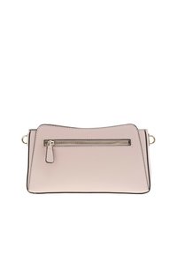 Borsa a tracolla beige con bordi neri, materiale sintetico liscio, parte superiore curvata, tasca anteriore con zip e dettagli in tonalità oro.