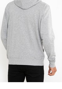 Gray hoodie made of soft, textured fabric with a drawstring hood and ribbed cuffs. The back displays a clean, simple design.