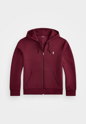 Burgundowa rozpinana bluza z kapturem z miękkiego materiału, z kieszenią typu kangaroo, regulowanym kapturem na sznurki oraz białym haftowanym logo na piersi.