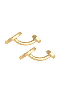 Orecchini in metallo color oro con un design curvo. Presentano una superficie liscia e riflettente e accenti circolari alle estremità.