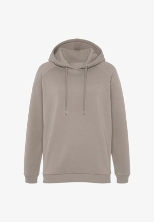 Hoodie gris clair en mélange de coton, doté d'une capuche avec cordon de serrage, de poignets côtelés et d'un logo minimaliste sur la poitrine.