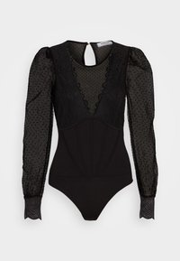 Body nero con maniche lunghe trasparenti e a pois, scollatura a V in pizzo e un corpino aderente con dettagli delle cuciture. Chiusura a occhio di bue sul retro.