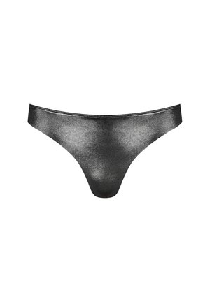 Bas de bikini métallisé noir taille basse avec côtés étroits et texture lisse, présenté sur fond blanc.