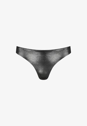 Bas de bikini métallisé noir taille basse avec côtés étroits et texture lisse, présenté sur fond blanc.